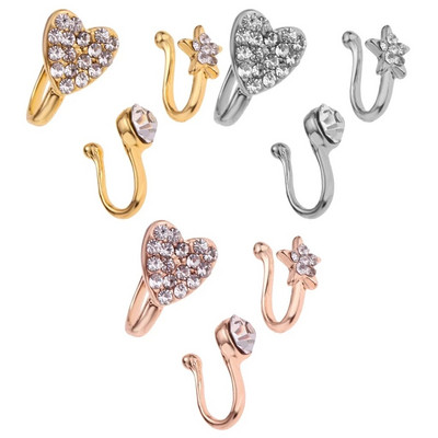 3 τμχ Μόδα δαχτυλίδι μύτης γούρι Flower Heart Pentagram Crystal Metal Fake Nose Ring Clip on Nose Ring σκουλαρίκια Απλό πίρσινγκ