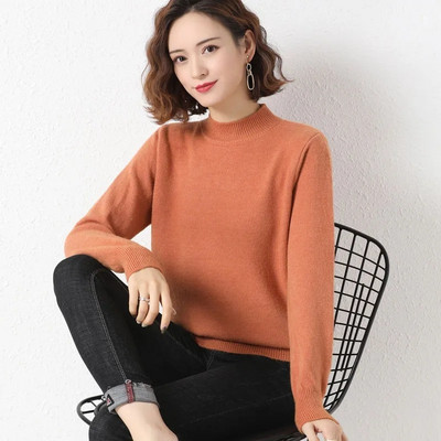 2023 m. pavasario ir rudens kašmyro megztinis Moteriškas merino vilnos megztinis megztinis pusiau aukštu kaklu, išdubęs megztinis ilgomis rankovėmis