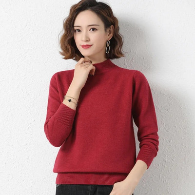 2023 m. pavasario ir rudens kašmyro megztinis Moteriškas merino vilnos megztinis megztinis pusiau aukštu kaklu, išdubęs megztinis ilgomis rankovėmis