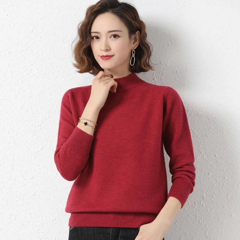 2023 m. pavasario ir rudens kašmyro megztinis Moteriškas merino vilnos megztinis megztinis pusiau aukštu kaklu, išdubęs megztinis ilgomis rankovėmis