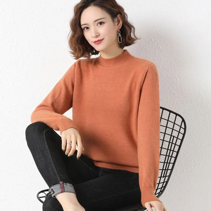 2023 m. pavasario ir rudens kašmyro megztinis Moteriškas merino vilnos megztinis megztinis pusiau aukštu kaklu, išdubęs megztinis ilgomis rankovėmis