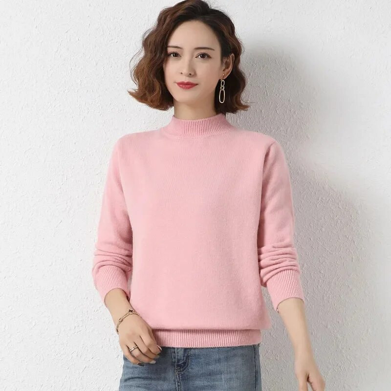 2023 m. pavasario ir rudens kašmyro megztinis Moteriškas merino vilnos megztinis megztinis pusiau aukštu kaklu, išdubęs megztinis ilgomis rankovėmis