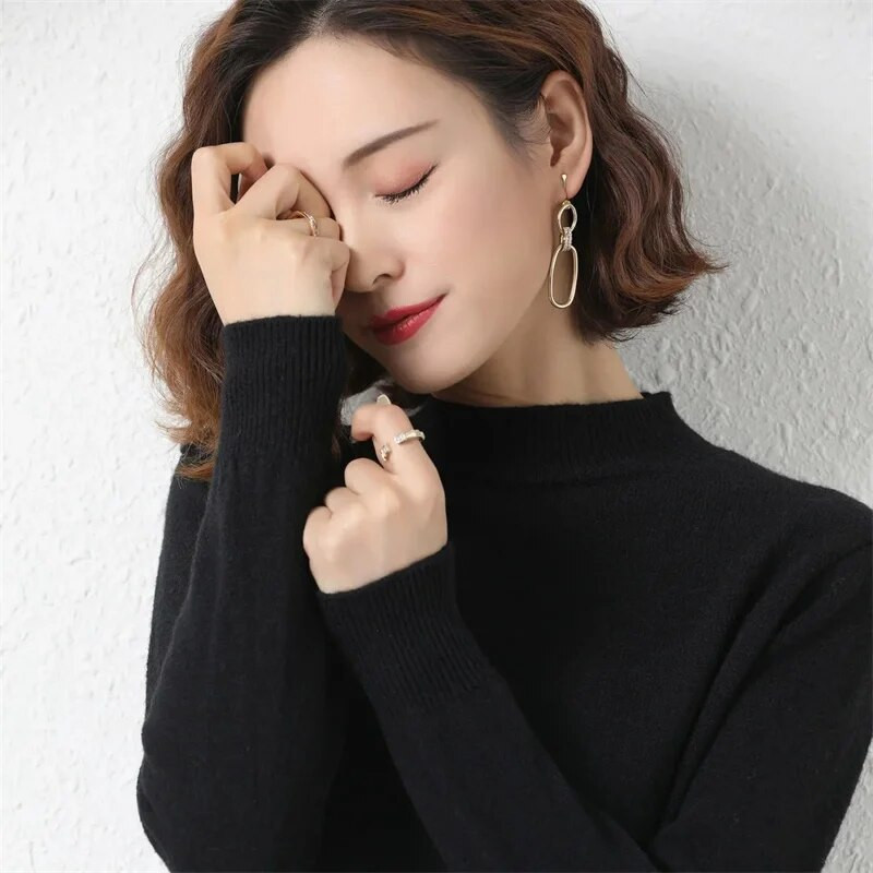 2023 m. pavasario ir rudens kašmyro megztinis Moteriškas merino vilnos megztinis megztinis pusiau aukštu kaklu, išdubęs megztinis ilgomis rankovėmis