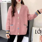 Κορεατική έκδοση 2023 Νέο παλτό με πλεκτή ζακέτα άνοιξη και φθινόπωρο με κουμπιά Rainbow Loose Lazy πουλόβερ Γυναικείο τοπ