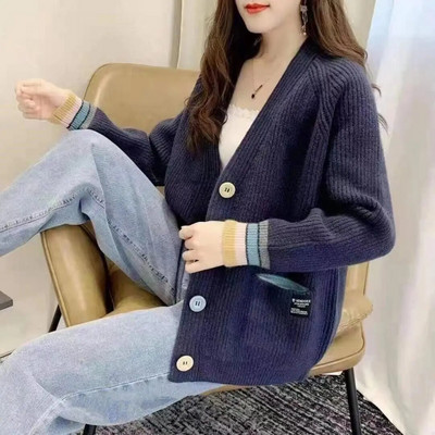 Κορεατική έκδοση 2023 Νέο παλτό με πλεκτή ζακέτα άνοιξη και φθινόπωρο με κουμπιά Rainbow Loose Lazy πουλόβερ Γυναικείο τοπ