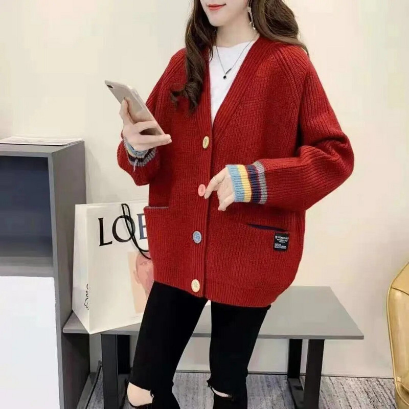 Κορεατική έκδοση 2023 Νέο παλτό με πλεκτή ζακέτα άνοιξη και φθινόπωρο με κουμπιά Rainbow Loose Lazy πουλόβερ Γυναικείο τοπ