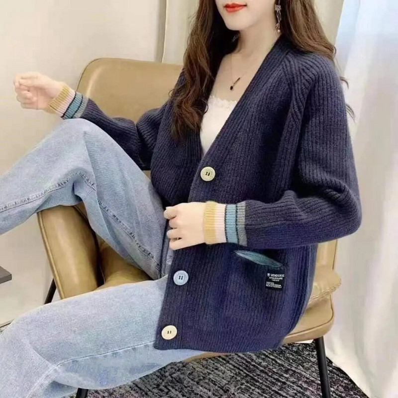 Κορεατική έκδοση 2023 Νέο παλτό με πλεκτή ζακέτα άνοιξη και φθινόπωρο με κουμπιά Rainbow Loose Lazy πουλόβερ Γυναικείο τοπ