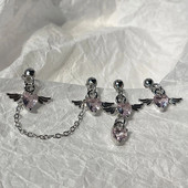 1 τεμάχιο 20G αλυσίδα από ανοξείδωτο χάλυβα Διπλό καρφωτό χόνδρο σκουλαρίκια Heart Wings Pink CZ Dangle Stud Earring Helix Piercing Jewelry