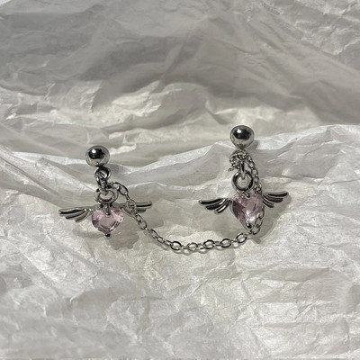 1 τεμάχιο 20G αλυσίδα από ανοξείδωτο χάλυβα Διπλό καρφωτό χόνδρο σκουλαρίκια Heart Wings Pink CZ Dangle Stud Earring Helix Piercing Jewelry