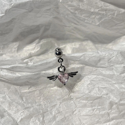 1 τεμάχιο 20G αλυσίδα από ανοξείδωτο χάλυβα Διπλό καρφωτό χόνδρο σκουλαρίκια Heart Wings Pink CZ Dangle Stud Earring Helix Piercing Jewelry