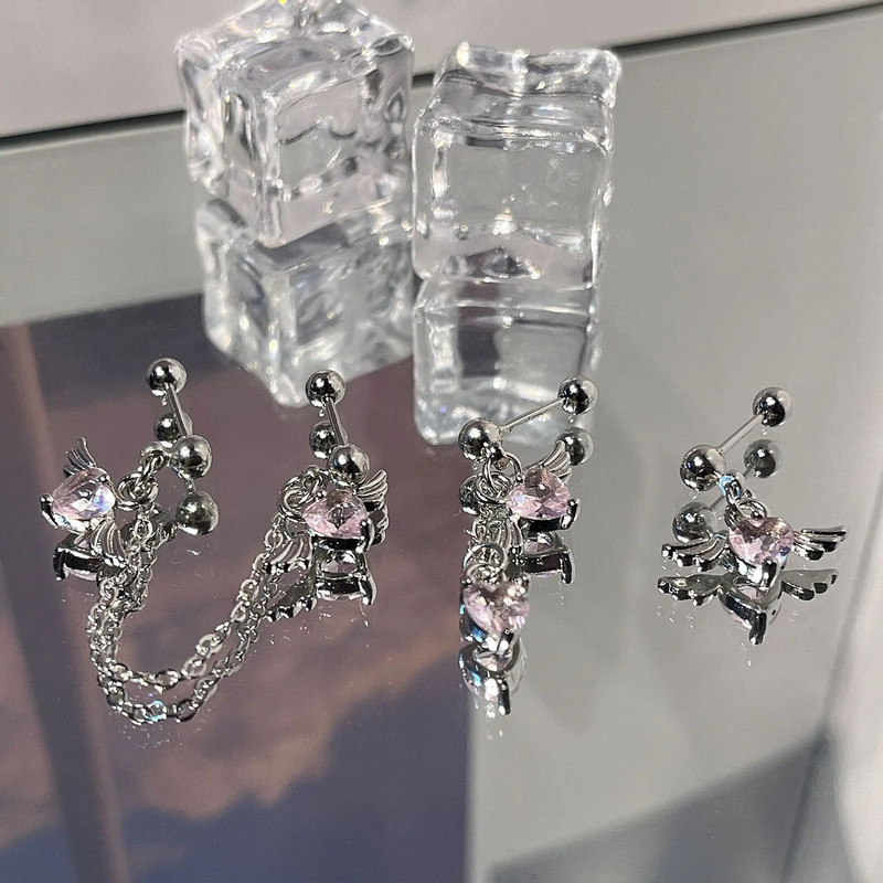 1 τεμάχιο 20G αλυσίδα από ανοξείδωτο χάλυβα Διπλό καρφωτό χόνδρο σκουλαρίκια Heart Wings Pink CZ Dangle Stud Earring Helix Piercing Jewelry