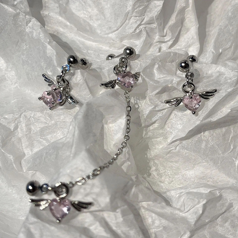 1 τεμάχιο 20G αλυσίδα από ανοξείδωτο χάλυβα Διπλό καρφωτό χόνδρο σκουλαρίκια Heart Wings Pink CZ Dangle Stud Earring Helix Piercing Jewelry