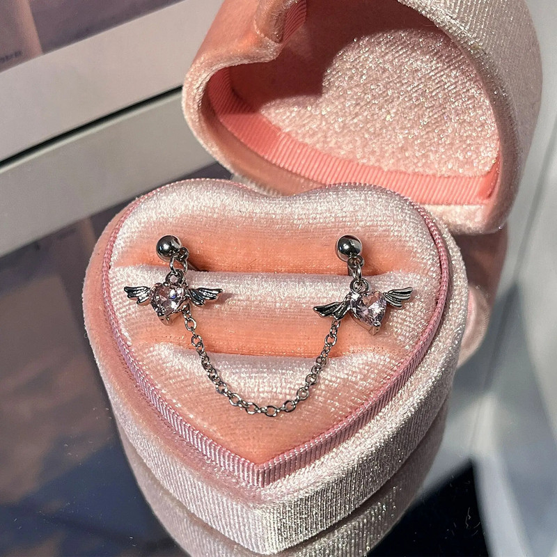 1 τεμάχιο 20G αλυσίδα από ανοξείδωτο χάλυβα Διπλό καρφωτό χόνδρο σκουλαρίκια Heart Wings Pink CZ Dangle Stud Earring Helix Piercing Jewelry