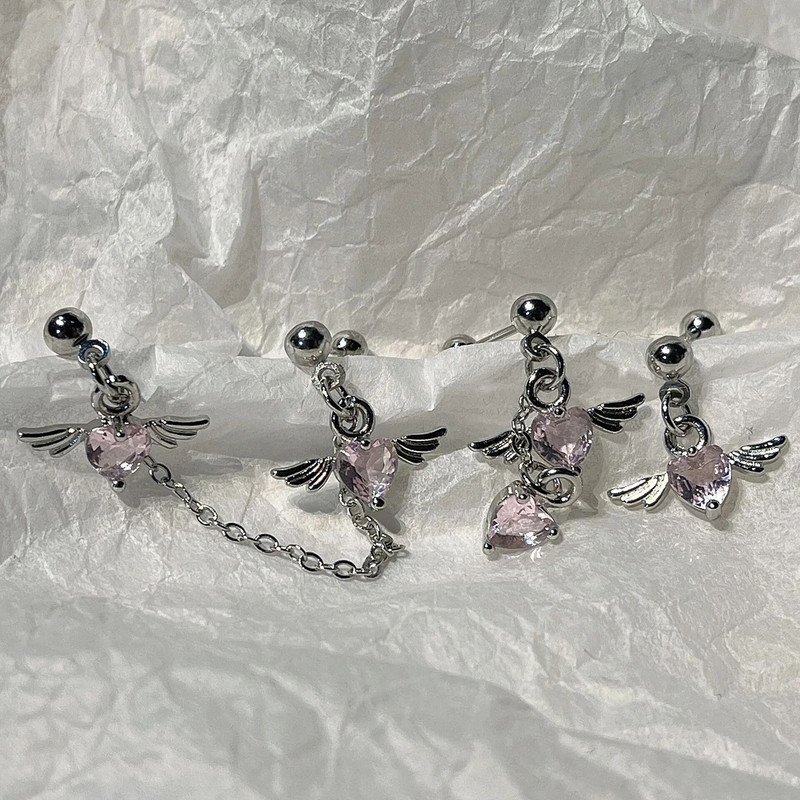 1 τεμάχιο 20G αλυσίδα από ανοξείδωτο χάλυβα Διπλό καρφωτό χόνδρο σκουλαρίκια Heart Wings Pink CZ Dangle Stud Earring Helix Piercing Jewelry