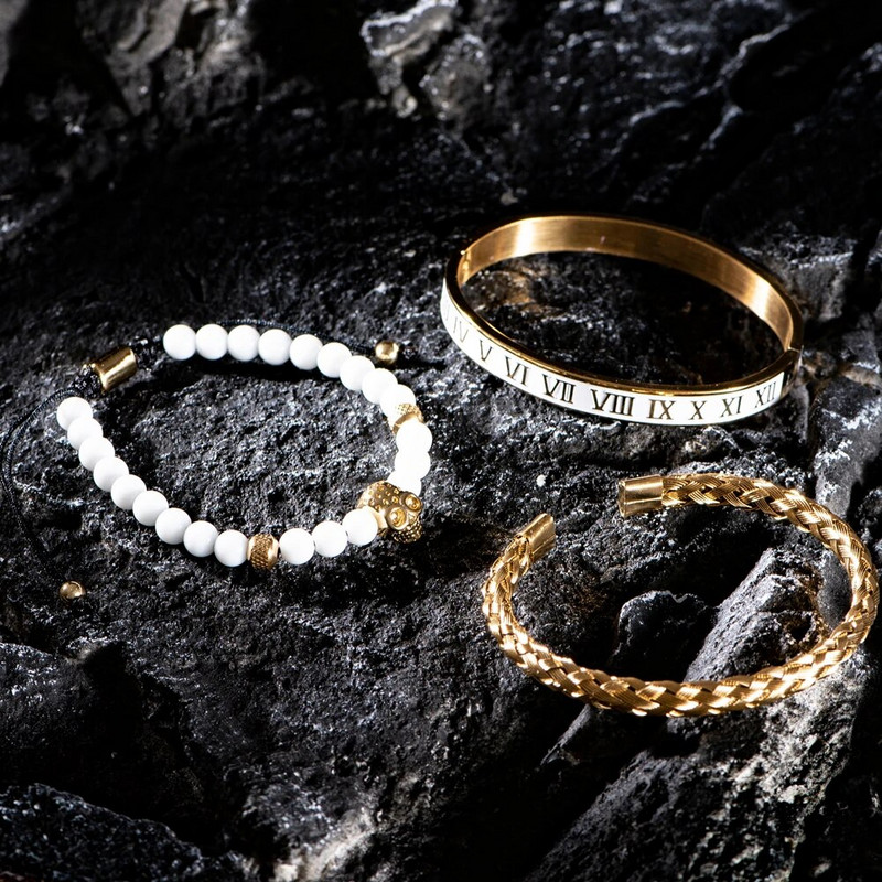 Luksuslik komplekt kroonivõlu kullavärvi pealuu käevõru roostevabast terasest meeste valge emailiga rooma numbriga käevõrud Euroopa moeehted