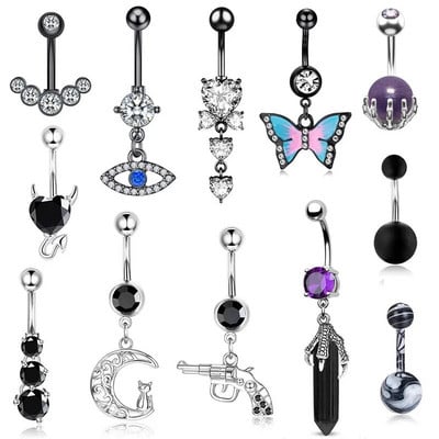 Black Color Series Evil Eyes Butterfly Surgical Stainless Steel Belly Piercing Ring Belly Button Ring Body Piercing Jewelry Gift