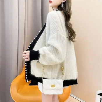 Γυναικείο πουλόβερ πλεκτό μπλουζάκι με λαιμόκοψη σε V για γυναίκα Γκρι Y2k Vintage Χειμώνας 2023 Cold New Knitwear Crochet Fashion Fashion Korea