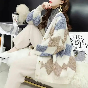 Дамски пуловер, карирана жилетка, плетени горнища за жени, зимни копчета, бели корейски луксозни дрехи Harajuku Fashion Y2k Vintage