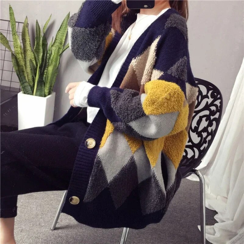 Sieviešu džemperis, rūtains džemperis, trikotāžas topi sievietēm ziemas pogām off balts korejiešu grezns apģērbs Harajuku Fashion Y2k Vintage