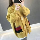 Πλεκτά μπλουζάκια για γυναικεία ριγέ κίτρινο χειμωνιάτικο κουμπί Γυναικείο πουλόβερ ζακέτα πουλόβερ Νέα πλεκτά Κορεάτικη συλλογή μόδας 2023 In