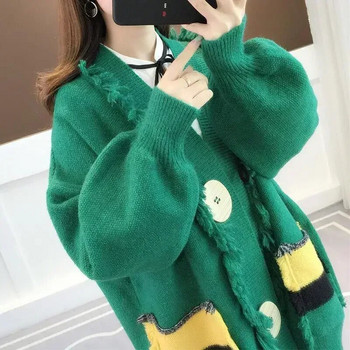 Плетени горнища за жени Раирани жълти зимни копчета Дамски пуловер Жилетка Джъмпер Нов плетиво Корейска модна колекция 2023 г. в