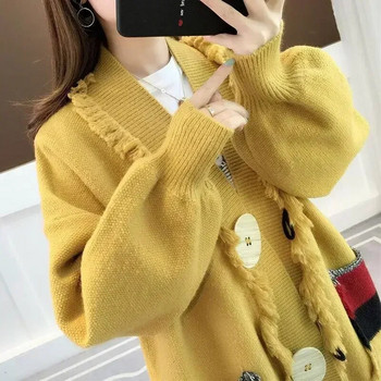 Плетени горнища за жени Раирани жълти зимни копчета Дамски пуловер Жилетка Джъмпер Нов плетиво Корейска модна колекция 2023 г. в