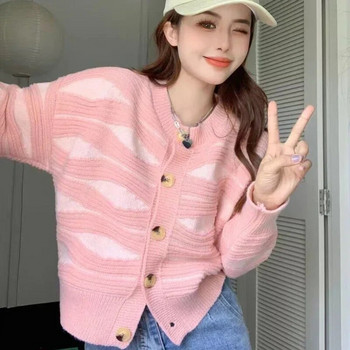 Дамски пуловери Раирана жилетка Плетено горнище за жени Розово реколта от 90-те Нов трикотаж Джъмпер с дълъг ръкав Y2k Мода Корея Модерен