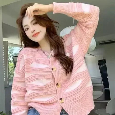 Γυναικεία πουλόβερ Ζακέτα με ριγέ πλεκτό μπλουζάκι για γυναίκες Ροζ 90s Vintage Νέα Πλεκτά Μακρυμάνικα Jumper Y2k Fashion Korea Modern