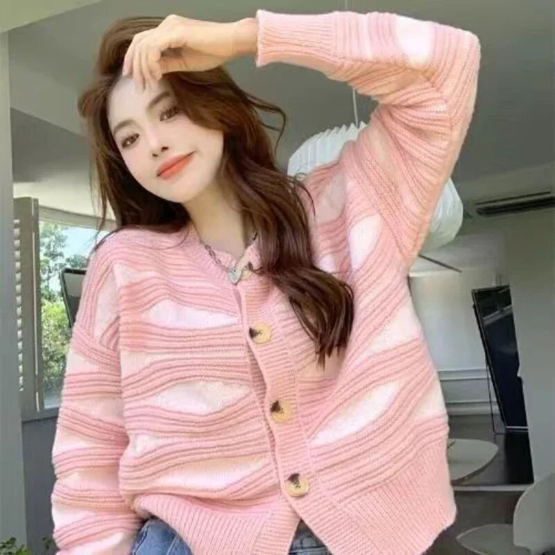 Γυναικεία πουλόβερ Ζακέτα με ριγέ πλεκτό μπλουζάκι για γυναίκες Ροζ 90s Vintage Νέα Πλεκτά Μακρυμάνικα Jumper Y2k Fashion Korea Modern