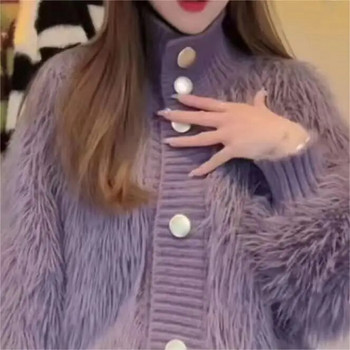 WTEMPO Дамски плетен пуловер с дълъг буф ръкав, есен, зима, плетен пуловер с плетена жилетка, плюшено трикотажно облекло с високо деколте