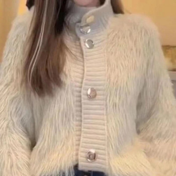 WTEMPO Γυναικείο μακρύ μανίκι φουσκωτό Ζεστό φθινοπωρινό πλεκτό πουλόβερ με γούνα πλεκτό πλεκτό ζακέτα βελούδινα πλεκτά μπλούζες με ψηλό λαιμό