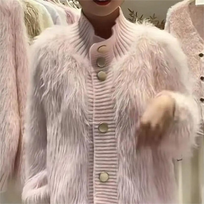 WTEMPO Sieviešu ar garām piedurknēm silts rudens ziemas kažokādas trikotāžas džemperis Savienots trikotāžas jakas plīša trikotāžas izstrādājumi ar augstu apkakli.