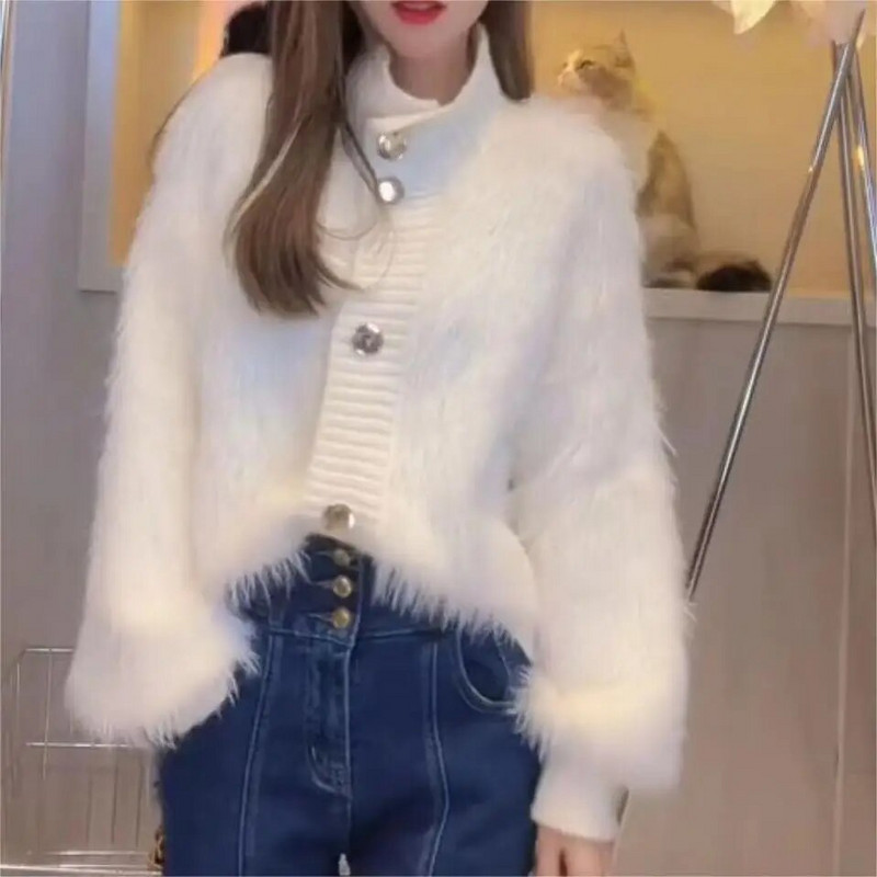 WTEMPO Sieviešu ar garām piedurknēm silts rudens ziemas kažokādas trikotāžas džemperis Savienots trikotāžas jakas plīša trikotāžas izstrādājumi ar augstu apkakli.