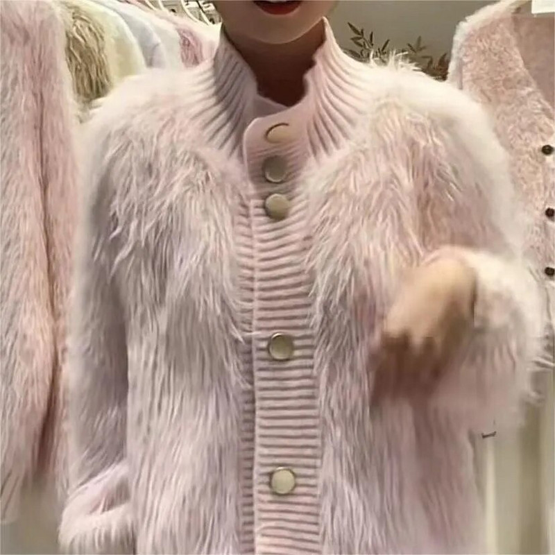 WTEMPO Sieviešu ar garām piedurknēm silts rudens ziemas kažokādas trikotāžas džemperis Savienots trikotāžas jakas plīša trikotāžas izstrādājumi ar augstu apkakli.