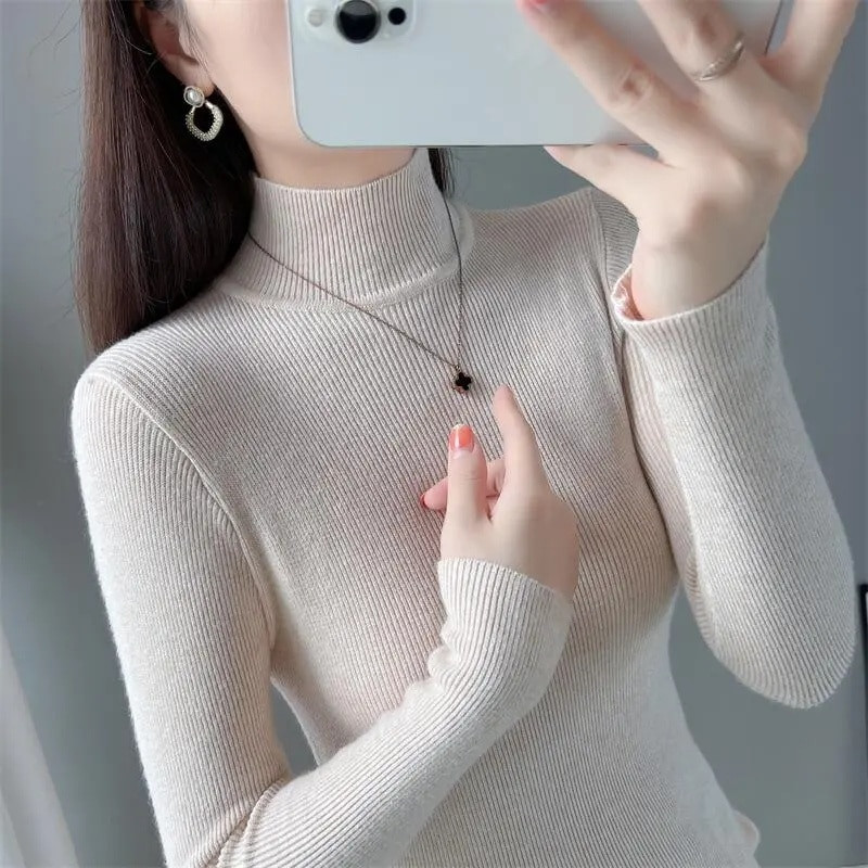 2023. gada ziemas sieviešu džemperis ar garām piedurknēm apakšējo kreklu ar apkakli, džemperi, džemperi, modes sieviešu džemperi