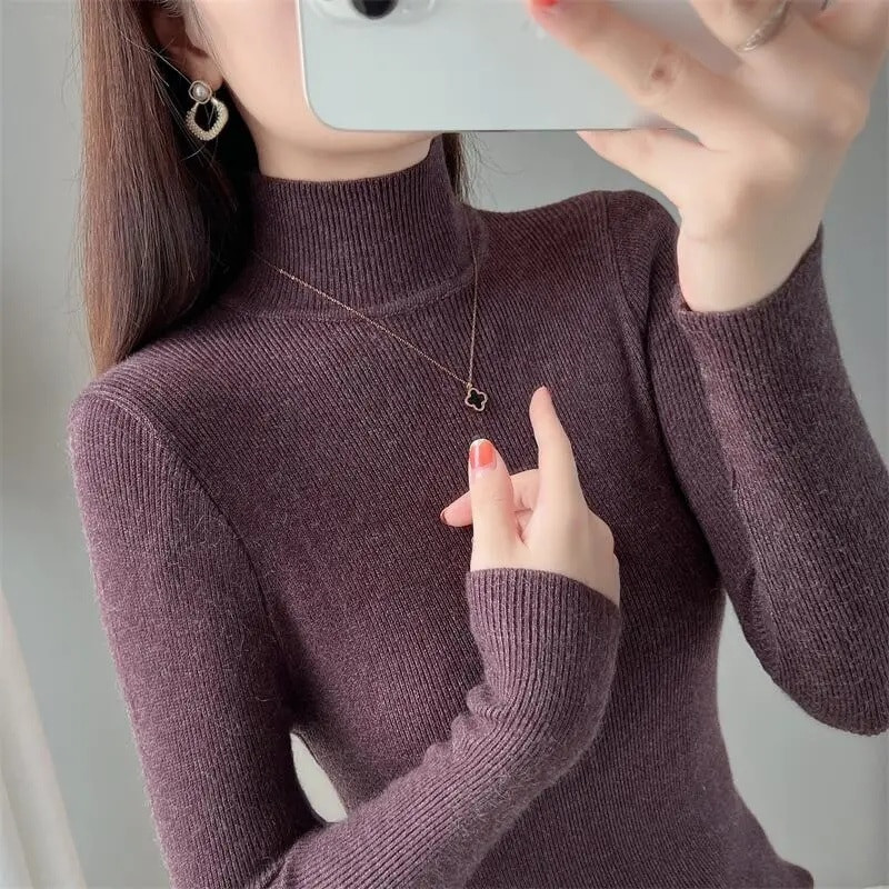 2023. gada ziemas sieviešu džemperis ar garām piedurknēm apakšējo kreklu ar apkakli, džemperi, džemperi, modes sieviešu džemperi