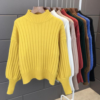2022 г. Нов моден дамски пуловер Пуловер с половин високо деколте Чист цвят Свободни плетени пуловери с ръкав-фенер Мек пуловер