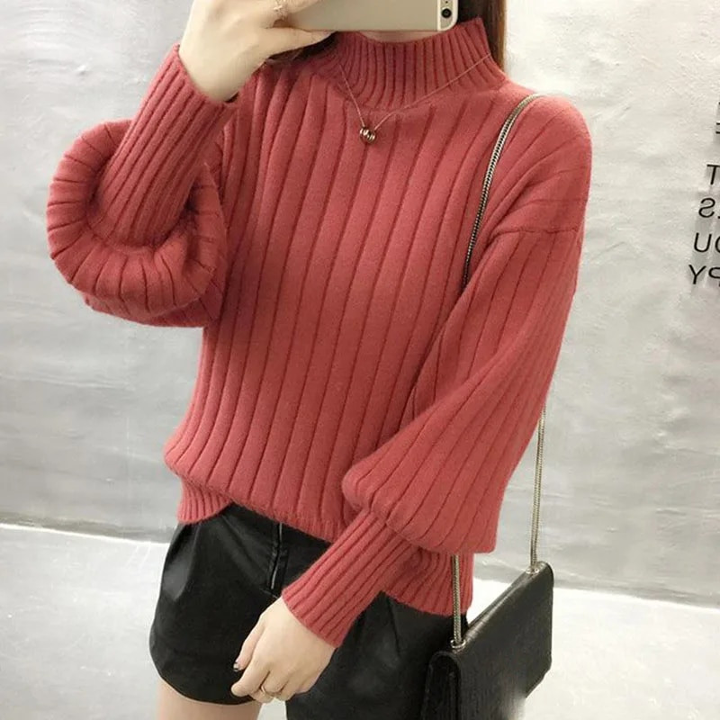 2022. gada jauns modes sieviešu džemperis ar pusi augstu kakla izgriezumu, tīras krāsas džemperi ar brīvām piedurknēm, trikotāžas džemperi, izvelkams džemperis