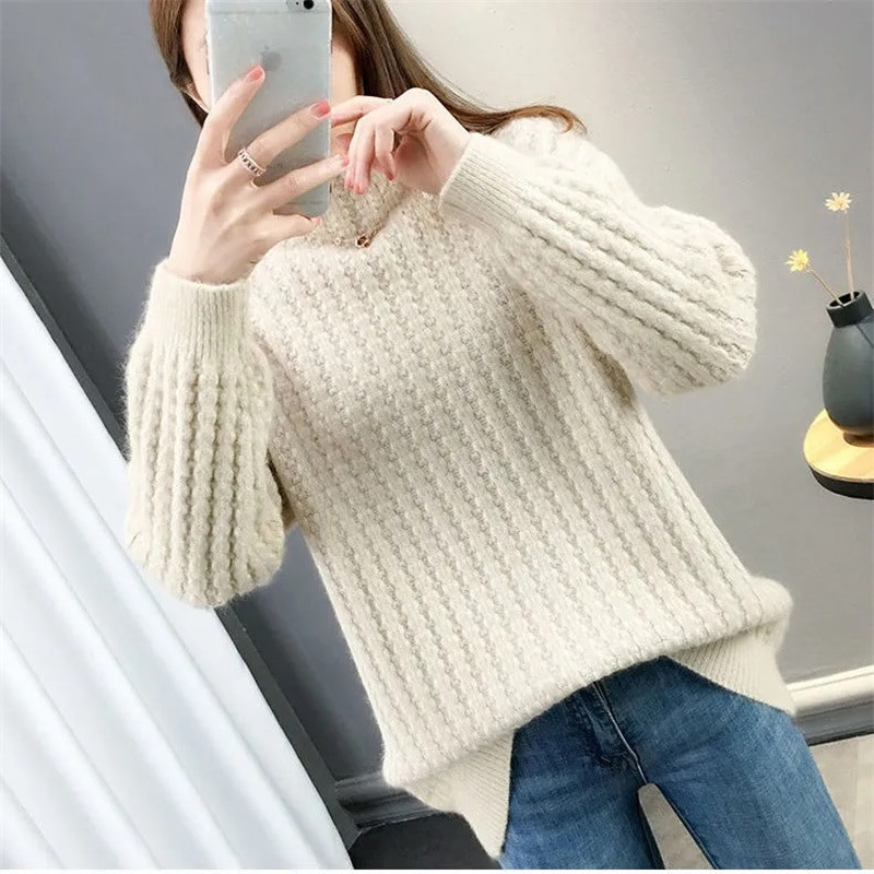 2023. gada jauns rudens ziemas biezais džemperis Sieviešu trikotāžas rievotais džemperis, silti džemperi ar garām piedurknēm, džemperis ar apkakli