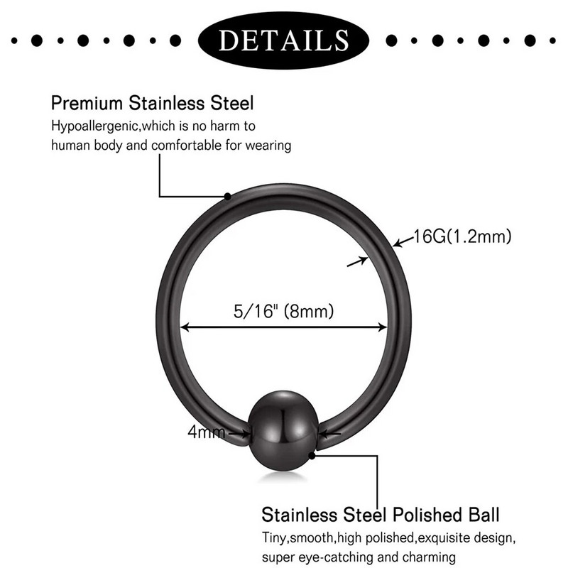 WKOUD starpsienas gredzeni stīpa deguna gredzens pakavs nerūsējošā tērauda skrimslis auskari stīpa Helix Tragus starpsienu pīrsings Jewerly melns