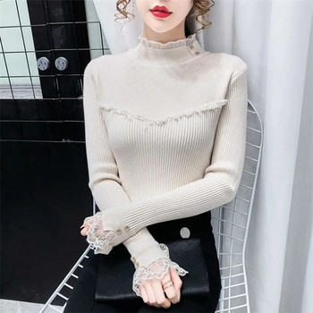2023 Νέο γυναικείο πουλόβερ Φθινοπωρινό χειμωνιάτικο ζιβάγκο Ζεστό πλεκτό Κορεάτικο πουκάμισο με δαντέλα με πάτο μόδας πλεκτό πουλόβερ