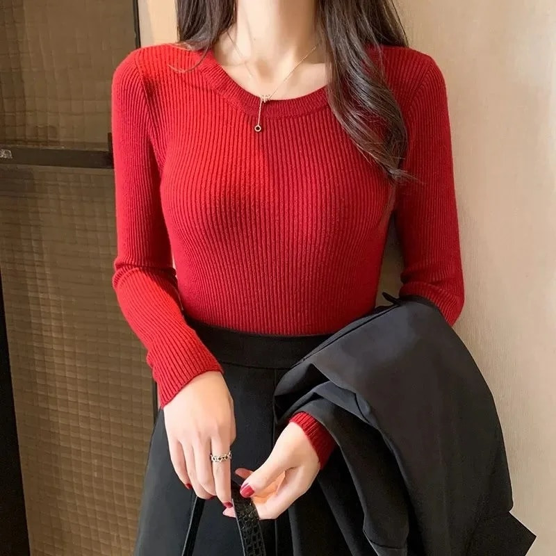 Sieviešu džemperi pavasara rudens trikotāžas džemperi ar O veida izgriezumu, krekls ar brīvu apakšu Kašmira modes džemperis vienkrāsains rozā džemperis