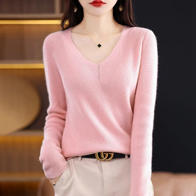 Sieviešu džemperis 2023. gada rudens ziemas kašmira puloveri Mīksti džemperi ar V kaklu apakšmalu krekls ar garām piedurknēm Modes korejiešu trikotāžas topi