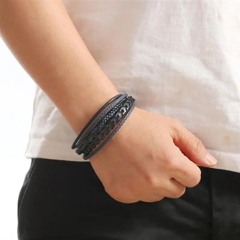 Jiayiqi modes pītas virves, austas daudzslāņu ādas vīriešu rokassprādzes pankkas nerūsējošā tērauda rokassprādze draugam, šarms, rotaslietas dāvanas