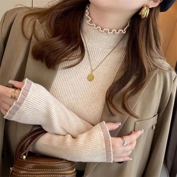 Γυναικεία πουλόβερ Βασικά πλεκτά μπλουζάκια Πουλόβερ με λαιμόκοψη μακρυμάνικο casual λεπτό πουλόβερ Κορεάτικη μόδα πουκάμισο με απλό πάτο
