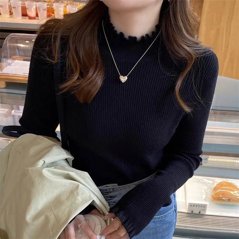 Γυναικεία πουλόβερ Βασικά πλεκτά μπλουζάκια Πουλόβερ με λαιμόκοψη μακρυμάνικο casual λεπτό πουλόβερ Κορεάτικη μόδα πουκάμισο με απλό πάτο