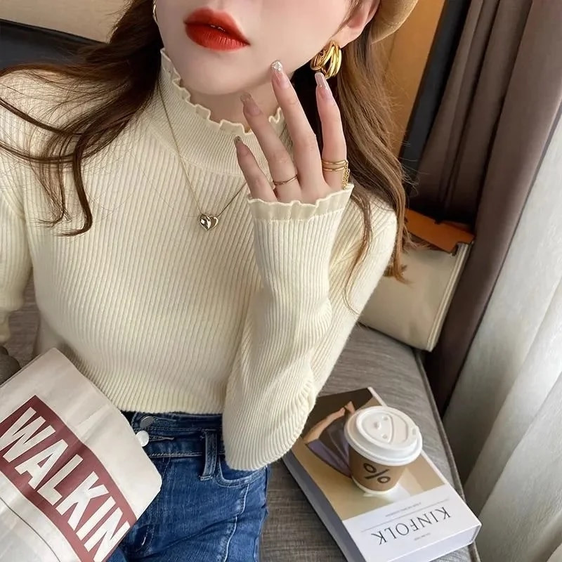 Γυναικεία πουλόβερ Βασικά πλεκτά μπλουζάκια Πουλόβερ με λαιμόκοψη μακρυμάνικο casual λεπτό πουλόβερ Κορεάτικη μόδα πουκάμισο με απλό πάτο
