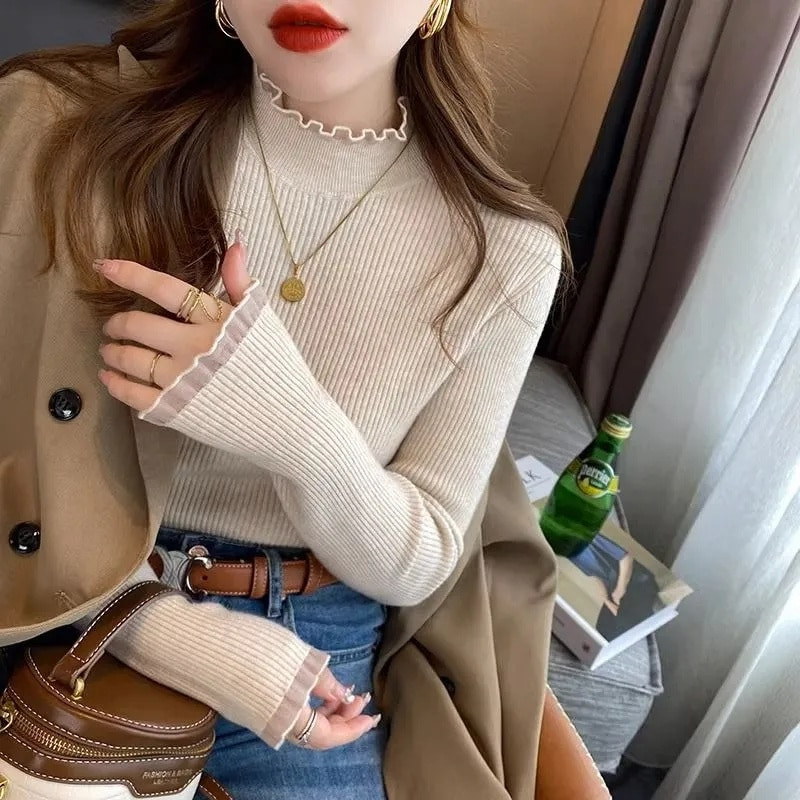 Γυναικεία πουλόβερ Βασικά πλεκτά μπλουζάκια Πουλόβερ με λαιμόκοψη μακρυμάνικο casual λεπτό πουλόβερ Κορεάτικη μόδα πουκάμισο με απλό πάτο