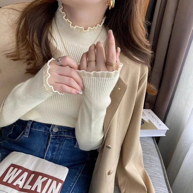 Γυναικεία πουλόβερ Βασικά πλεκτά μπλουζάκια Πουλόβερ με λαιμόκοψη μακρυμάνικο casual λεπτό πουλόβερ Κορεάτικη μόδα πουκάμισο με απλό πάτο