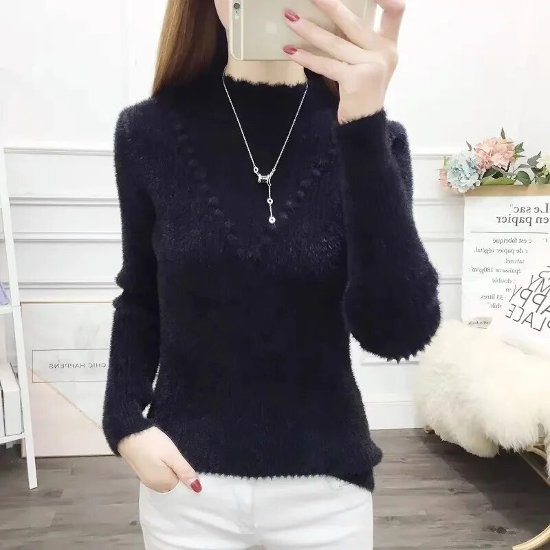 Sieviešu džemperis ar apkakli Rudens Ziemas Biezs Silts Pulovers Lielizmēra Negabarīta brīvs trikotāžas džemperis Sieviešu apakškrekli